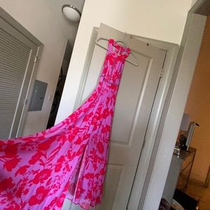 Long, slit skirt Pink Floral Halter Neck, drop back, sundress.  Never worn